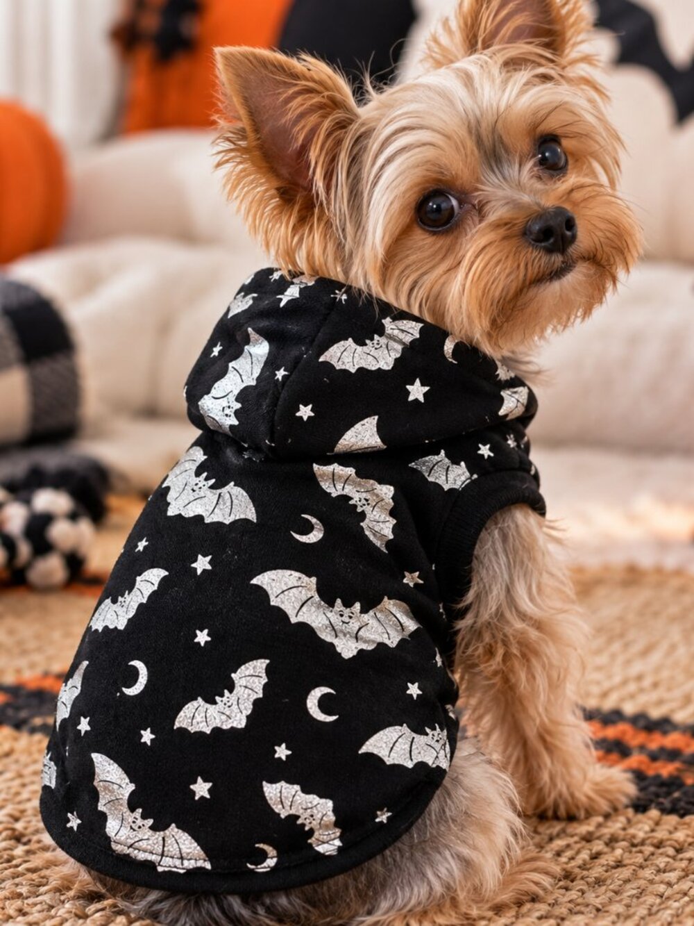 Vibrant Life Halloween Bat Print Dog Cat Hoodie XXS Black Silver